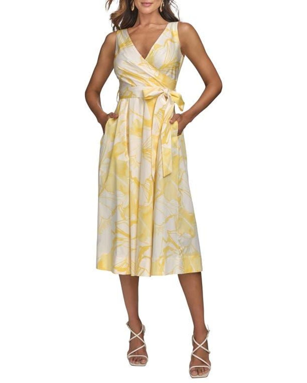 Donna Karan Print Tie Waist Sleeveless Midi Dress in Yellow | Lyst