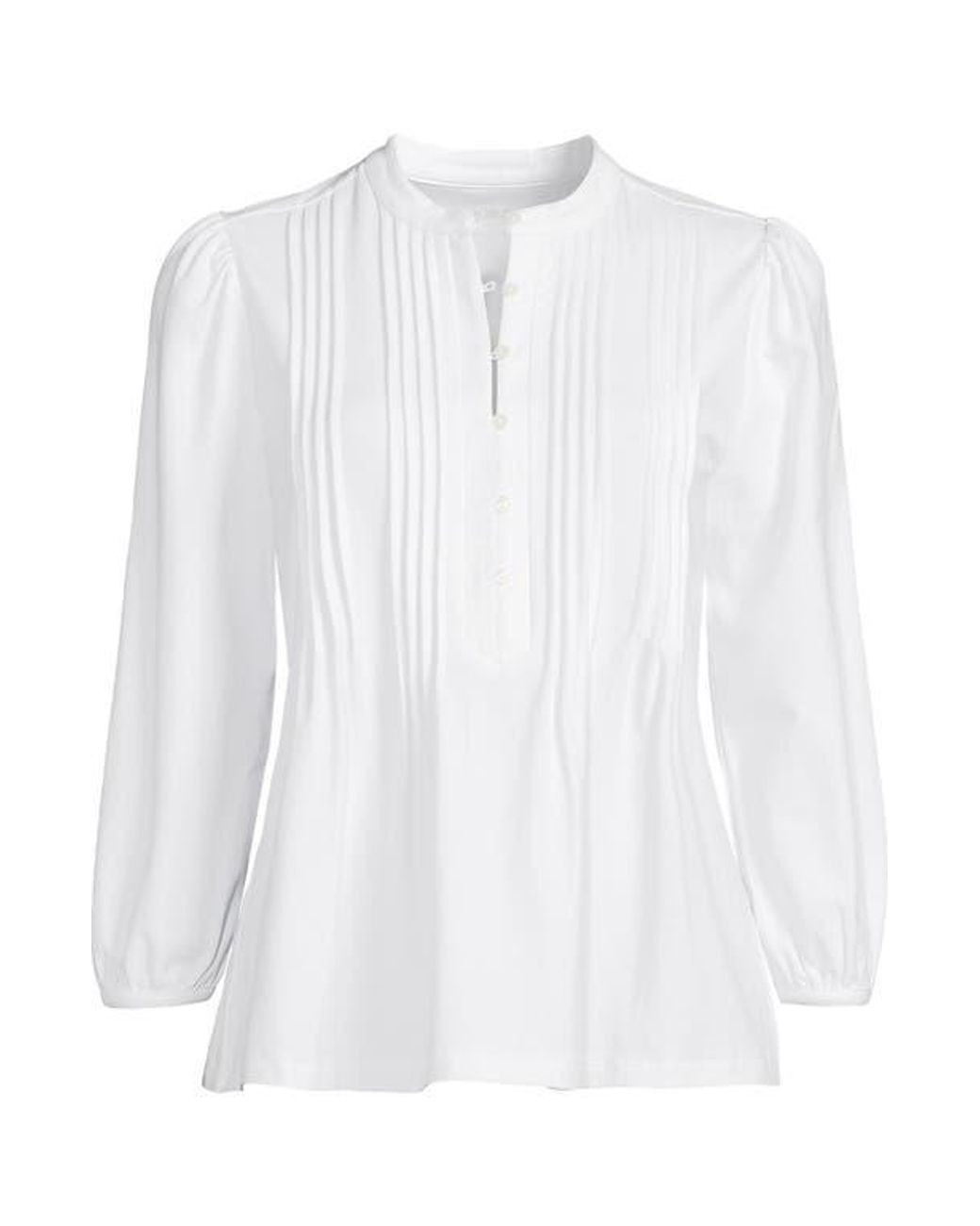 Lands' End White Plus Size Lightweight Jersey Button Pintuck Top
