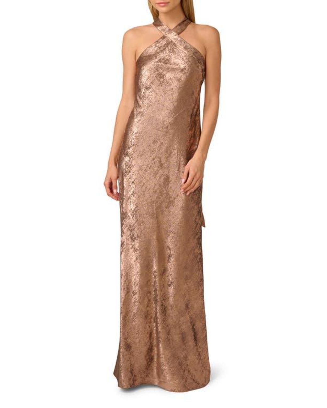Adrianna Papell Foiled Trumpet Gown in Brown | Lyst