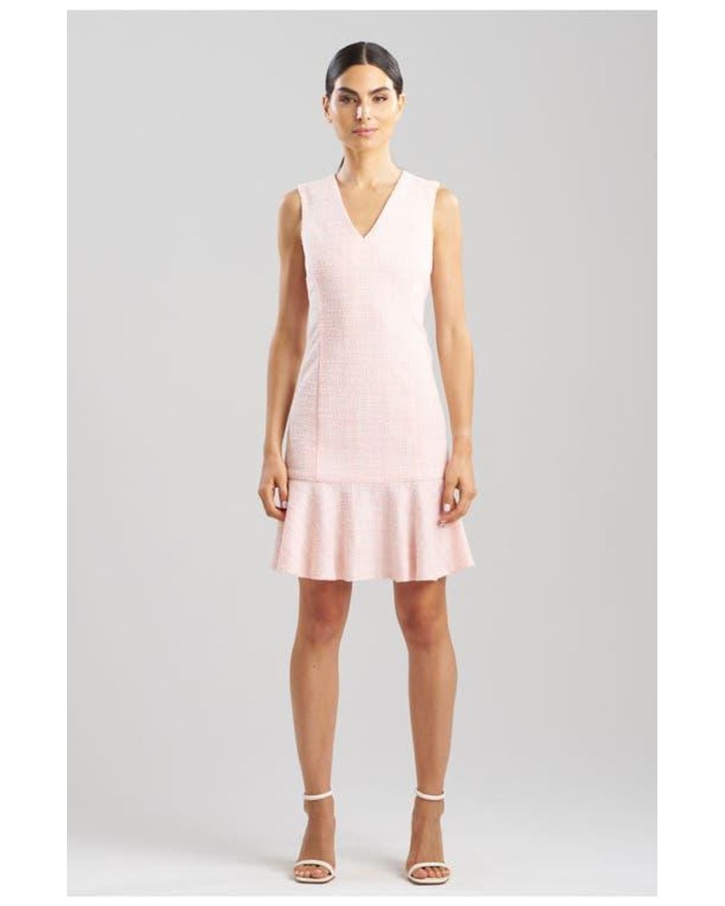 Natori Tweed V Neck Ruffle Hem Dress in Pink | Lyst