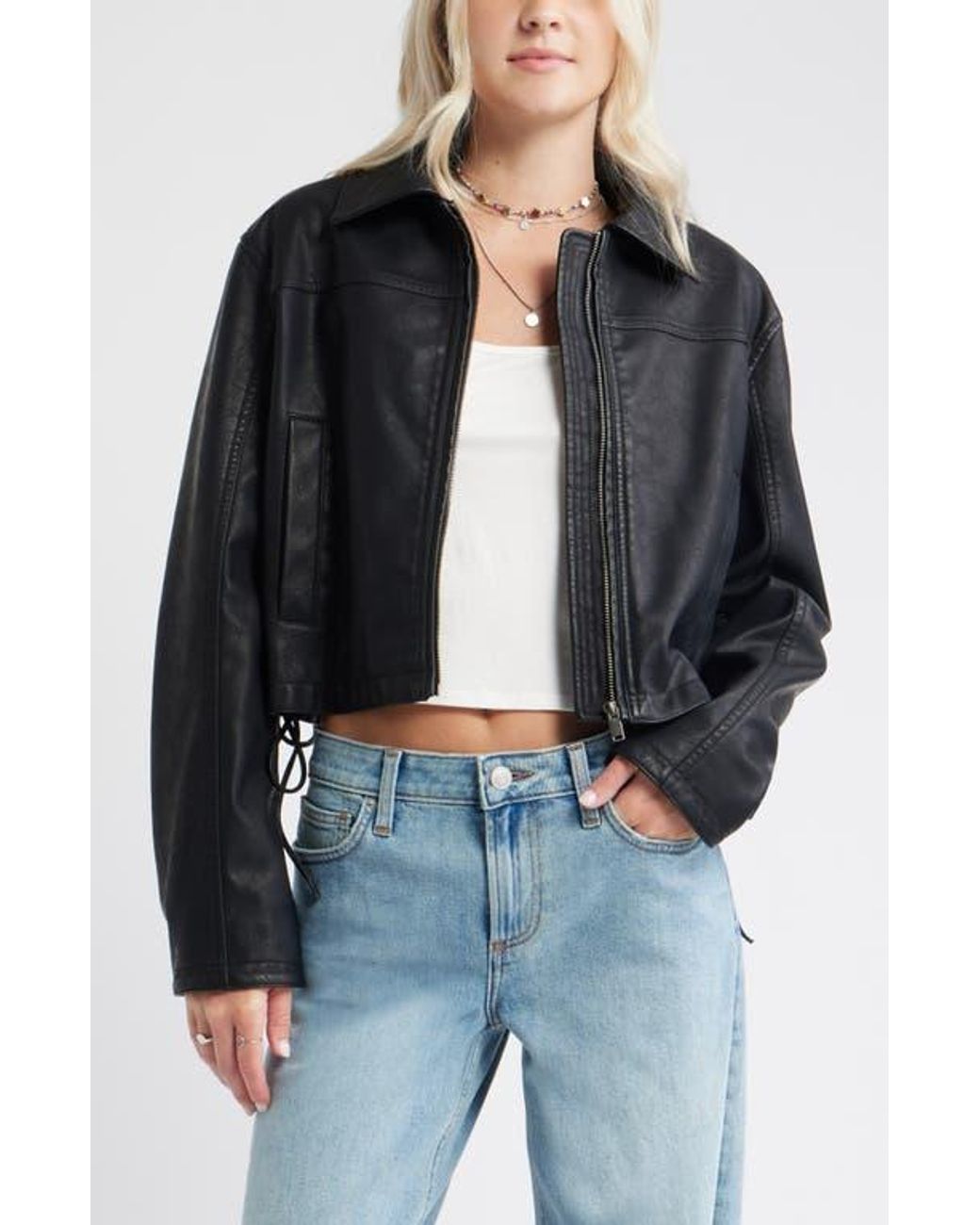 BP. Side Tie Faux Leather Moto Jacket in Black | Lyst