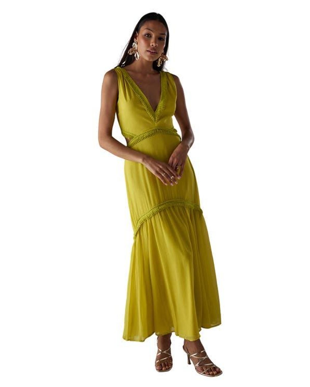Warehouse Yellow Chiffon Fringe Trim Cut Out Maxi Dress
