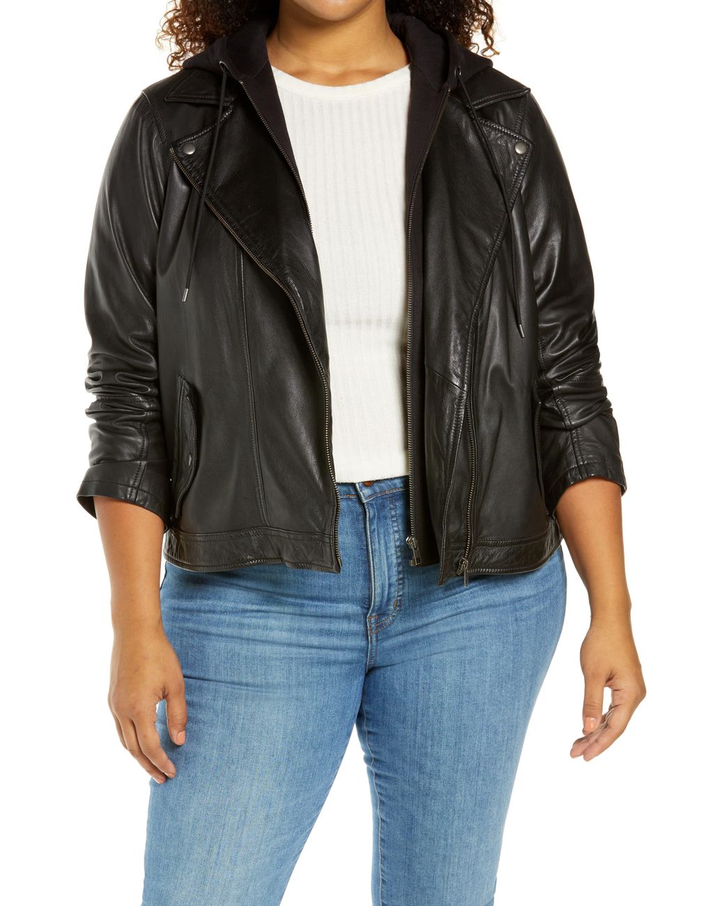 Caslon Caslon r Leather Moto Jacket With Removable Hood in Black