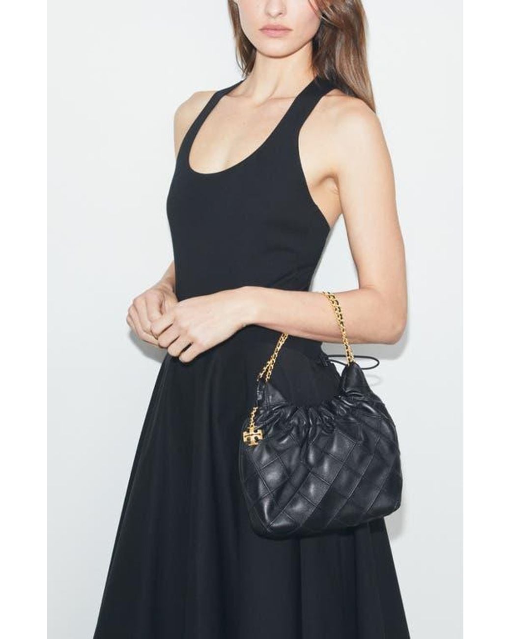 Tory Burch Mini Fleming Quilted Leather Hobo Bag in Black | Lyst