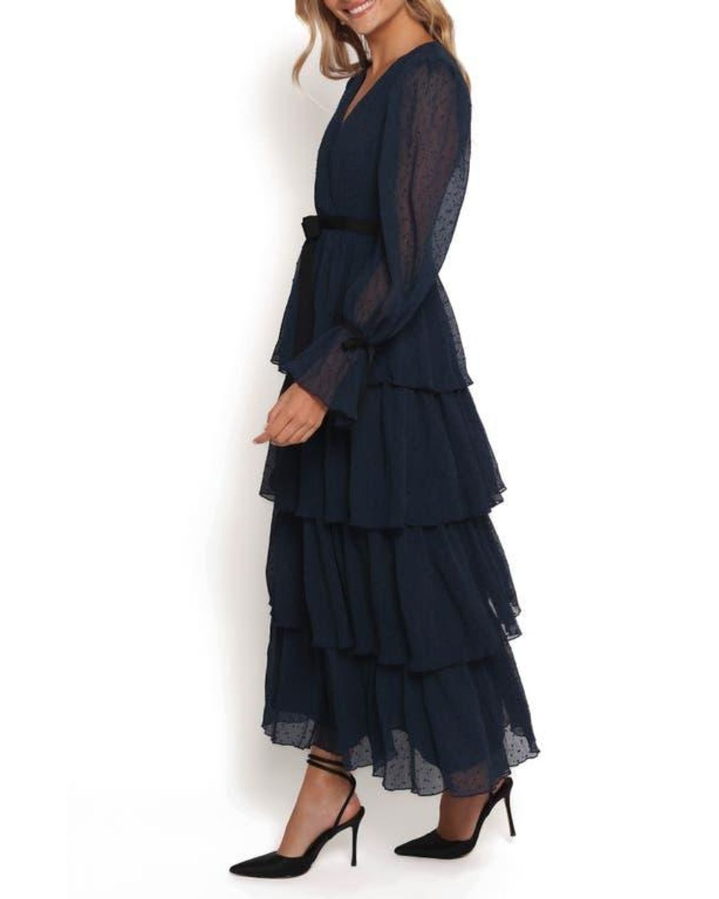 Petal & Pup Antoinette Long Sleeve Tiered Clip Dot Chiffon Cocktail Dress  in Blue | Lyst