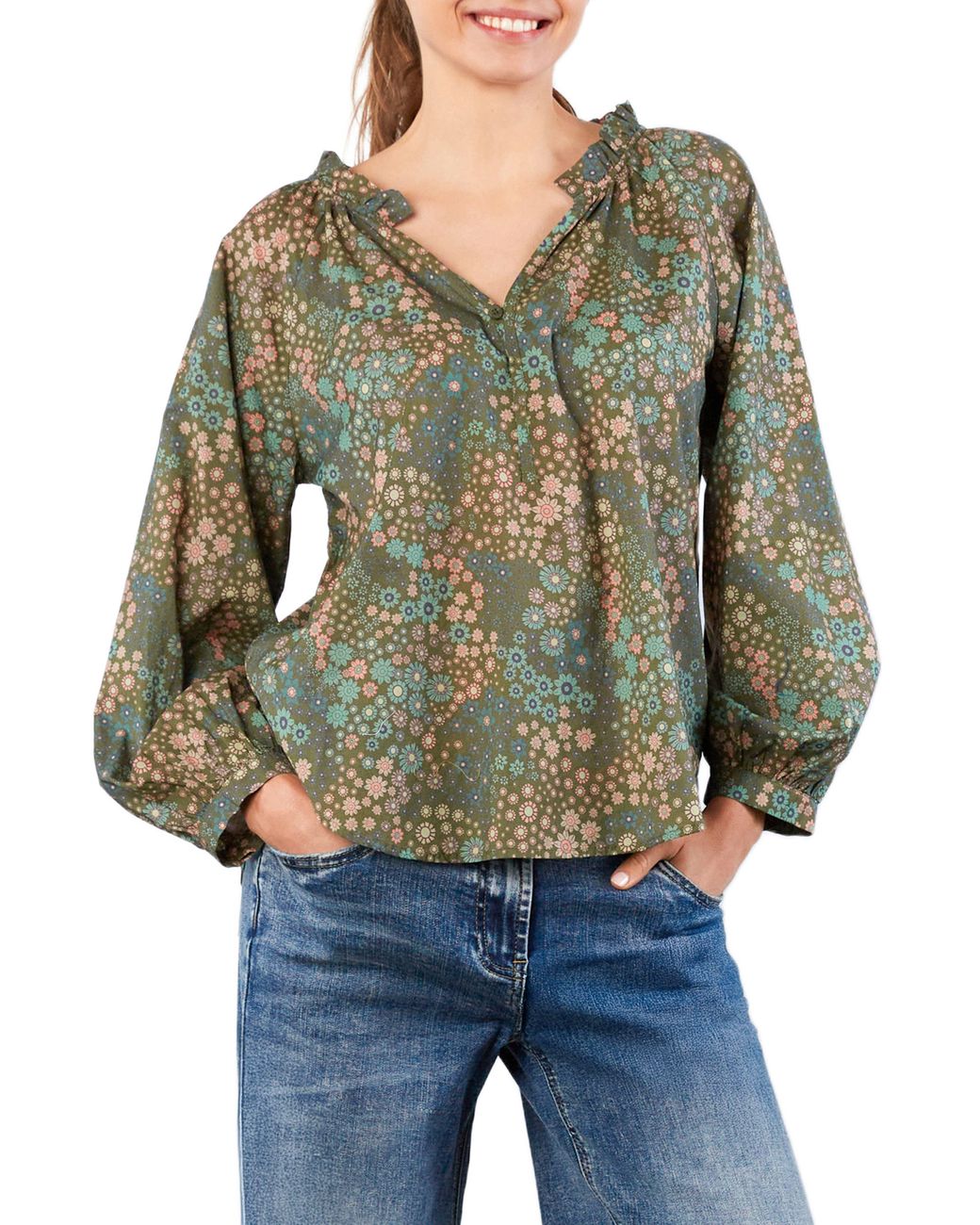 BILLY T Multicolor Split Neck Cotton Blend Peasant Top