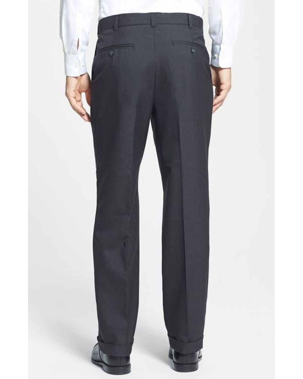 Berle Blue Self Sizer Waist Plain Weave Pleated Washable Trousers for men