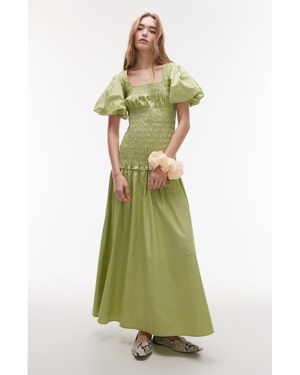 TOPSHOP Puff Sleeve Smocked Drop-Waist Cotton Maxi Dress in Green | Lyst