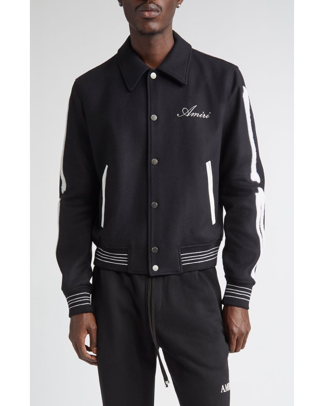 Amiri Black Bones Wool Blend Varsity Jacket for men