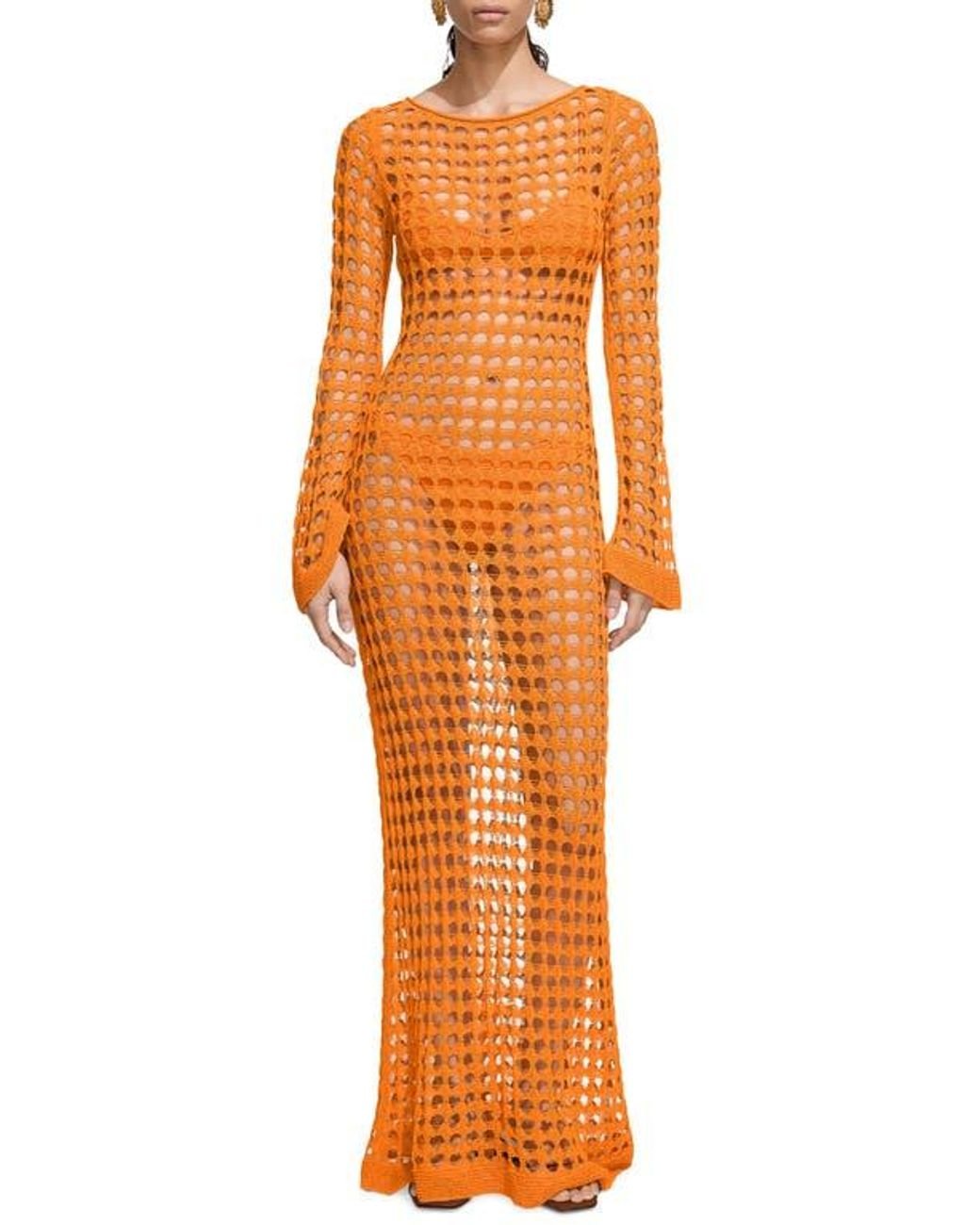 Mango Long Sleeve Cotton Blend Open Stitch Maxi Dress in Orange Lyst