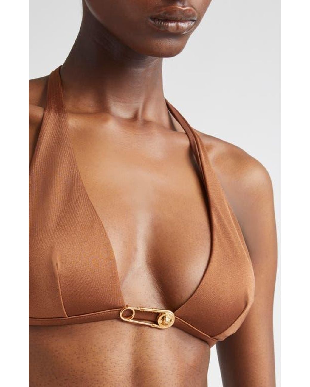 Versace Safety Pin Triangle Bikini Top in Brown | Lyst