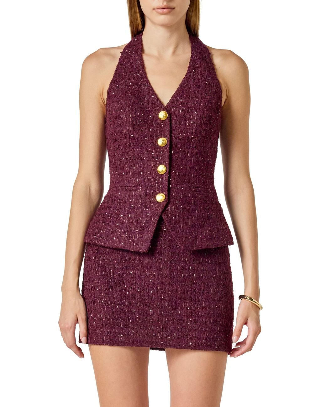 Endless Rose Purple Halter Tweed Button Vest