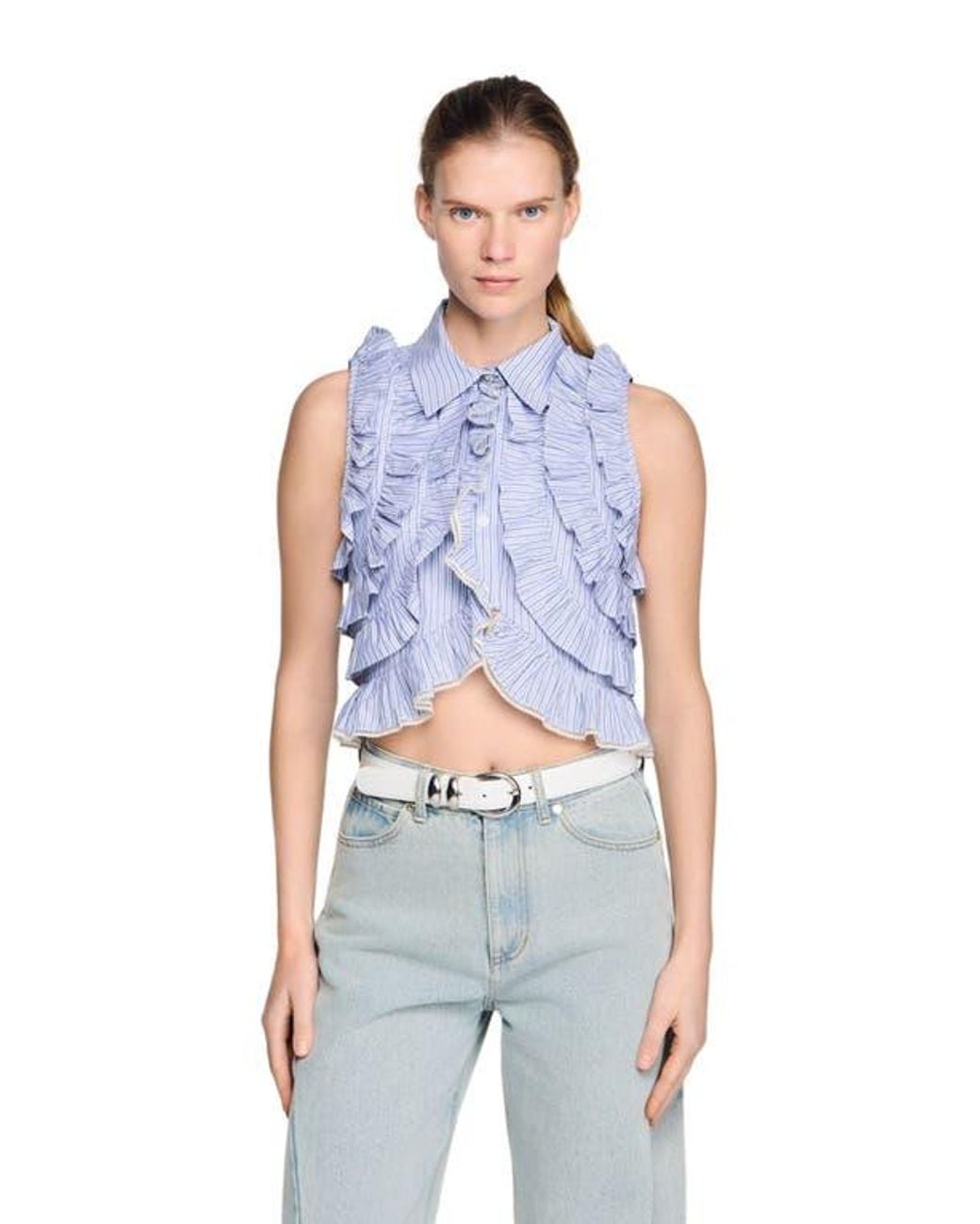 Sandro Blue Striped Ruffled Shirt