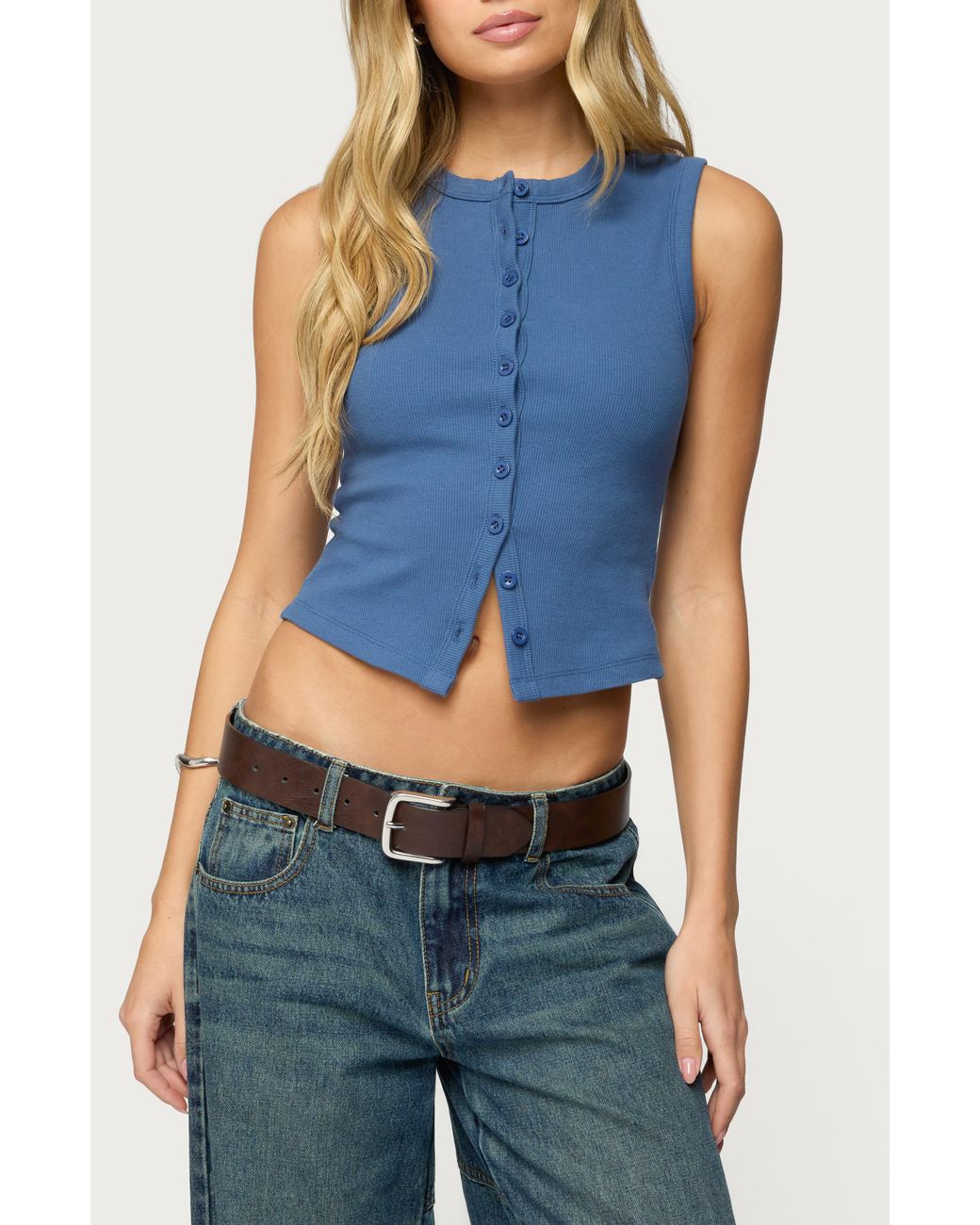 Edikted Blue Basel Rib Button-Up Crop Top