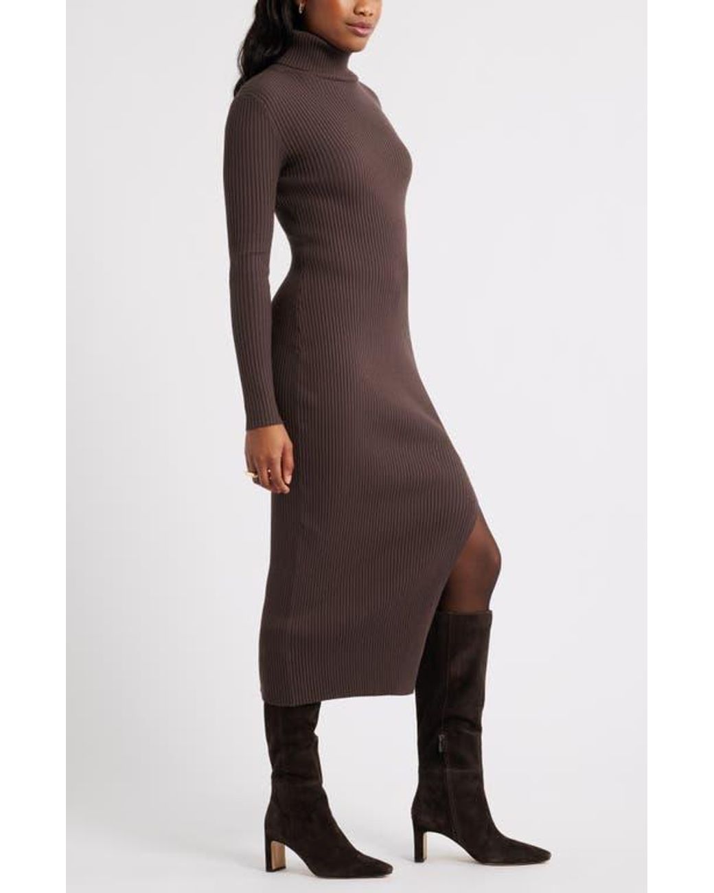 Open Edit Rib Long Sleeve Turtleneck Sweater Dress in Brown | Lyst