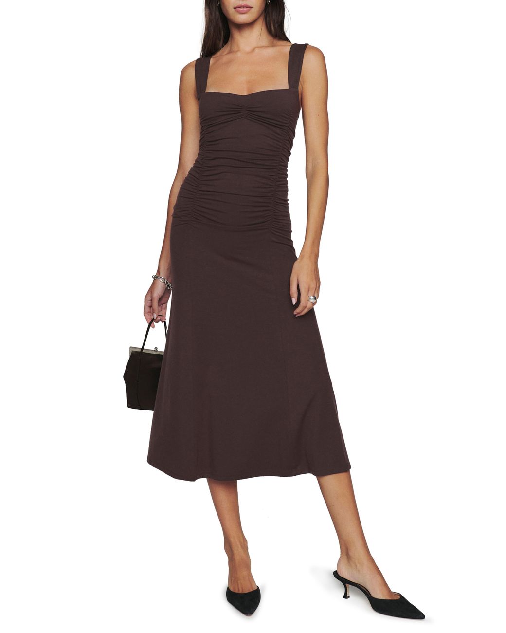 Reformation Suvi Ruched Dress in Brown Lyst