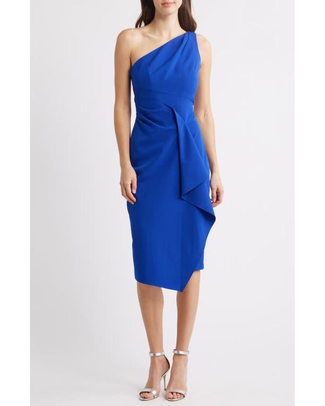 Vince Camuto Laguna One-Shoulder Ruffle Detail Asymmetric Midi Dress in  Blue