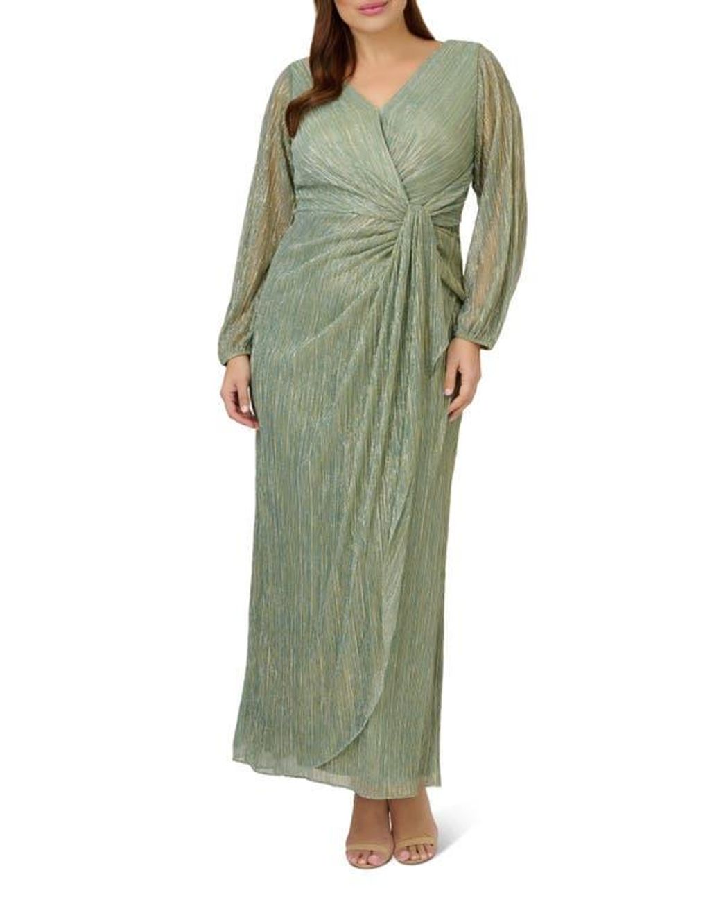 Adrianna Papell Metallic Mesh Long Sleeve Evening Gown in Green Lyst