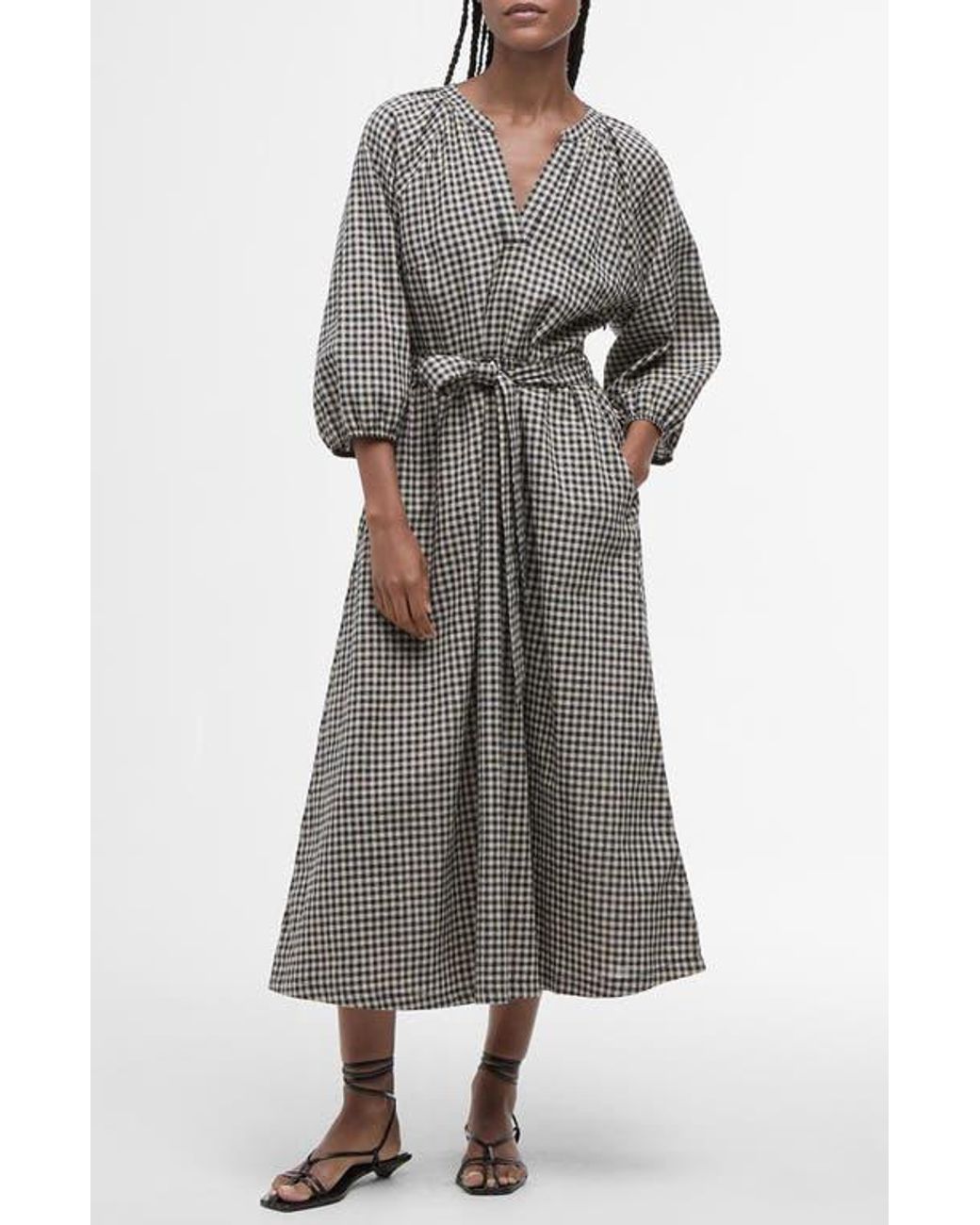 Barbour Suri Gingham Cotton & Linen Midi Dress in Gray | Lyst