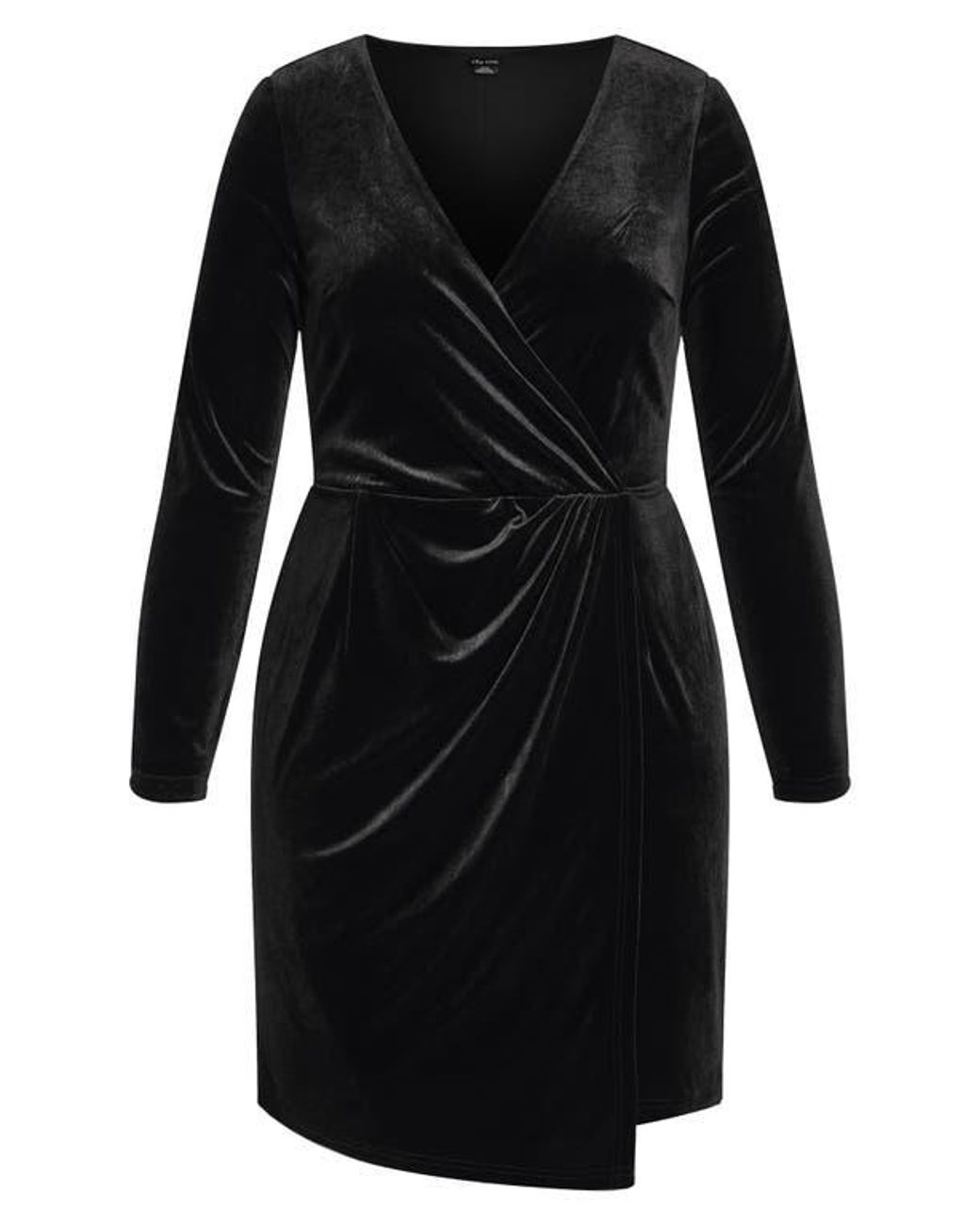 City Chic Wrap Bodice Long Sleeve Velvet Dress in Black | Lyst