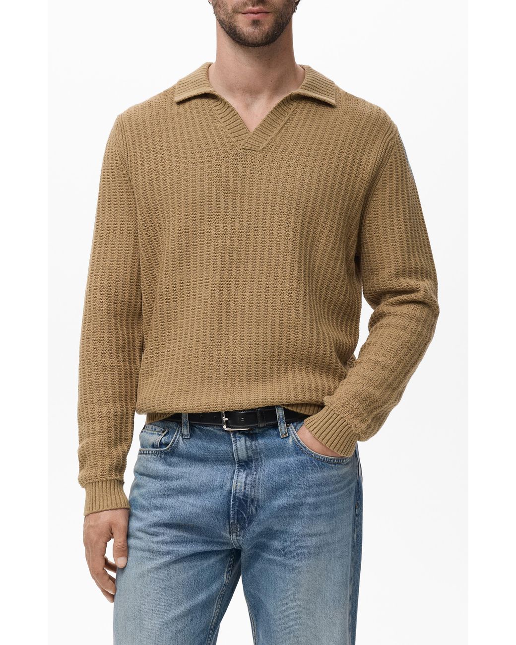 Mango Blue Structured Cotton Polo Sweater for men