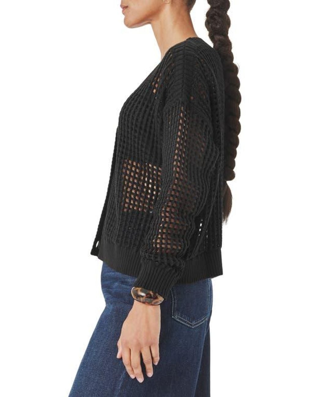 Splendid Black Camellia Openwork V-Neck Cotton Blend Cardigan