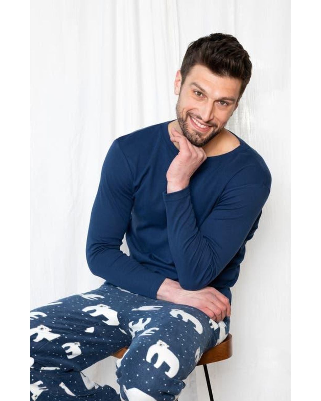 Leveret Blue Cotton Top & Fleece Pants Printed Matching Family Holiday Pajama Set for men