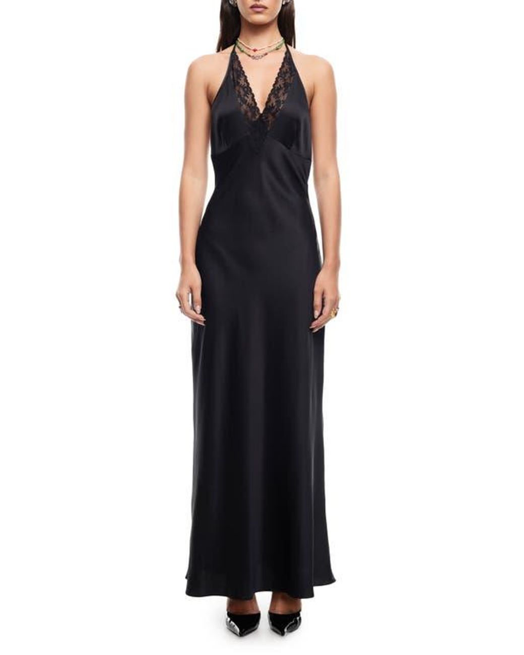 chinese dress ladies Naila Halter Lace Trim Maxi Dress Black main image 1