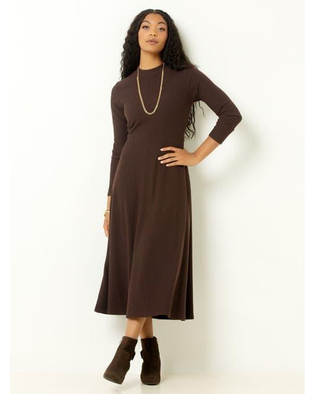 Single Stitch Ribbed Midi Dress in Brown | Lyst