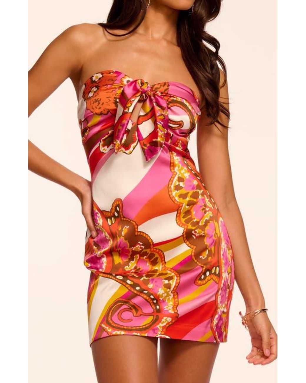 Ramy Brook Orange Orion Print Strapless Stretch Silk Minidress