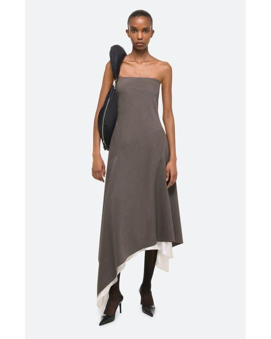 Helmut Lang Asymmetric Scarf Hem Virgin Wool Dress in Brown Lyst
