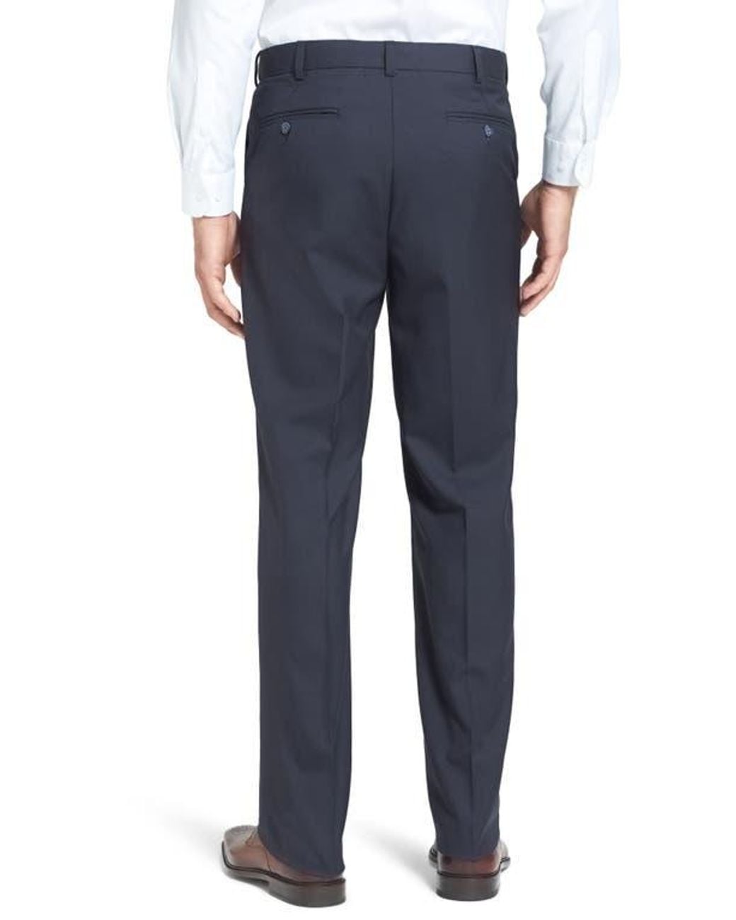 Berle Blue Self Sizer Waist Plain Weave Flat Front Washable Trousers for men