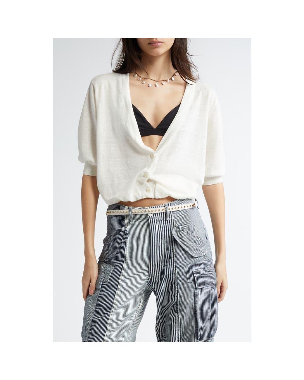 R13 Elbow Sleeve Balloon Bubble Hem Linen Cardigan in White