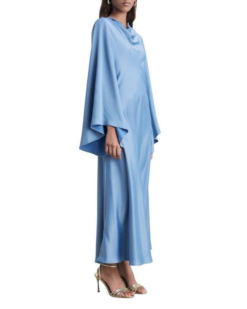 Mango Cowl Neck Long Sleve Satin Maxi Dress in Blue | Lyst