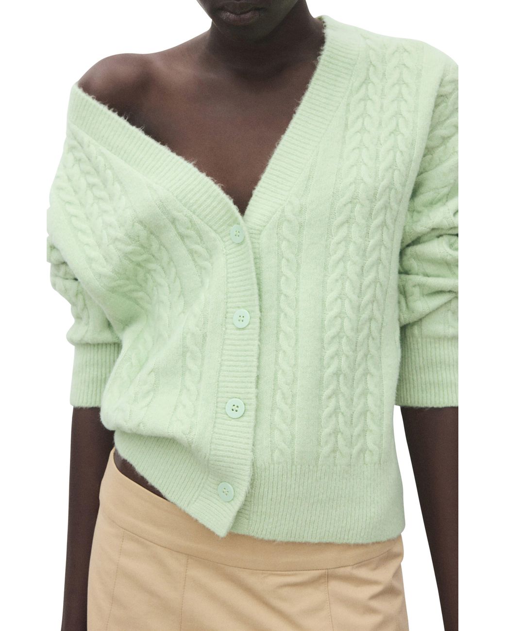 Mango Green Cable V-Neck Cardigan