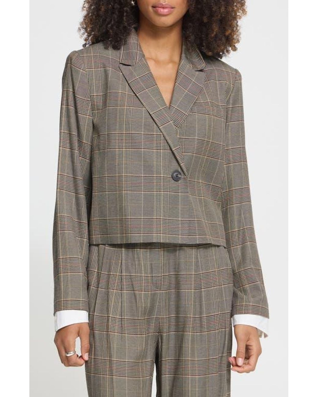 Ichi Gray Plaid Cropped Blazer