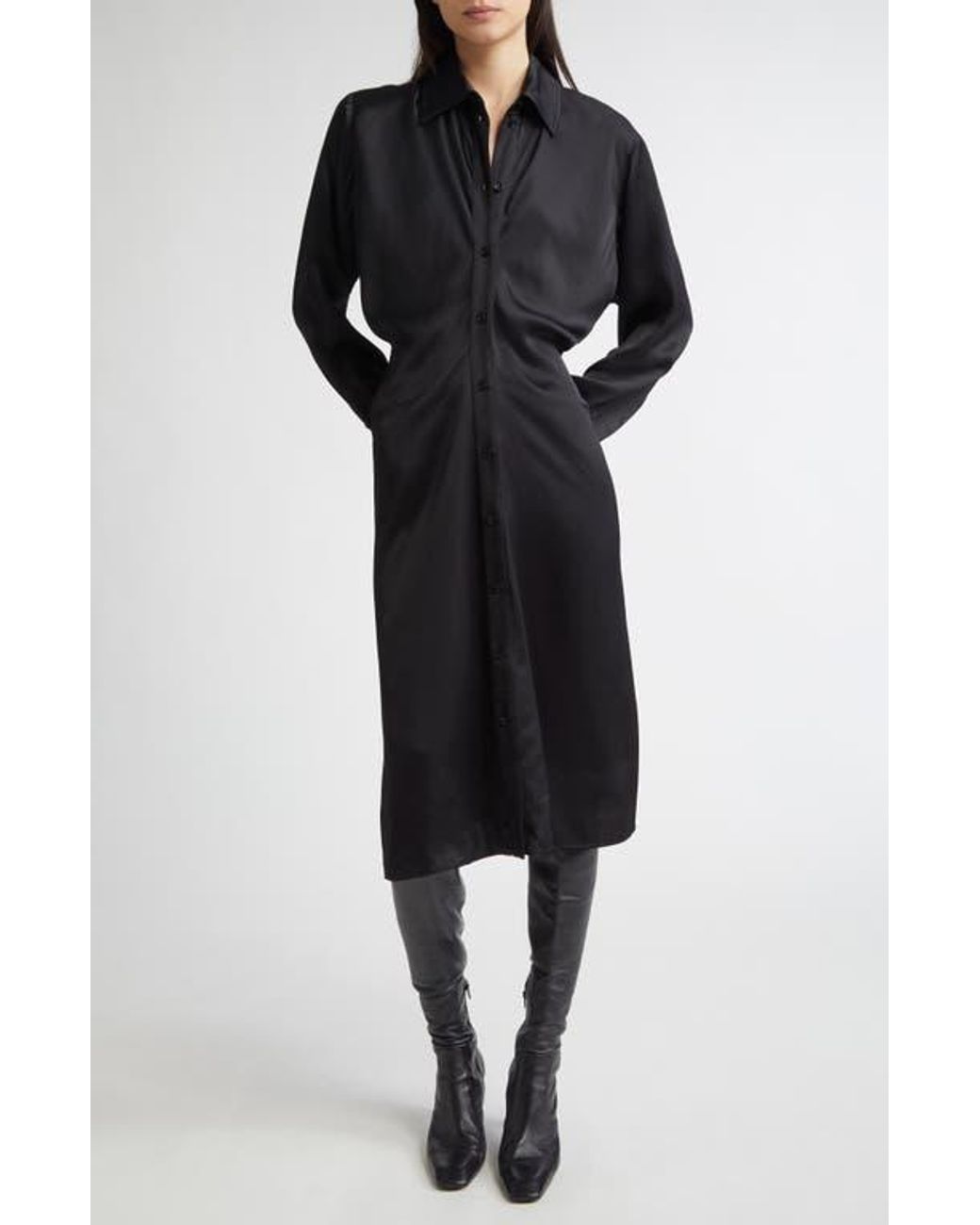 long black satin shirt dress Satin maxi shirt dress - black
