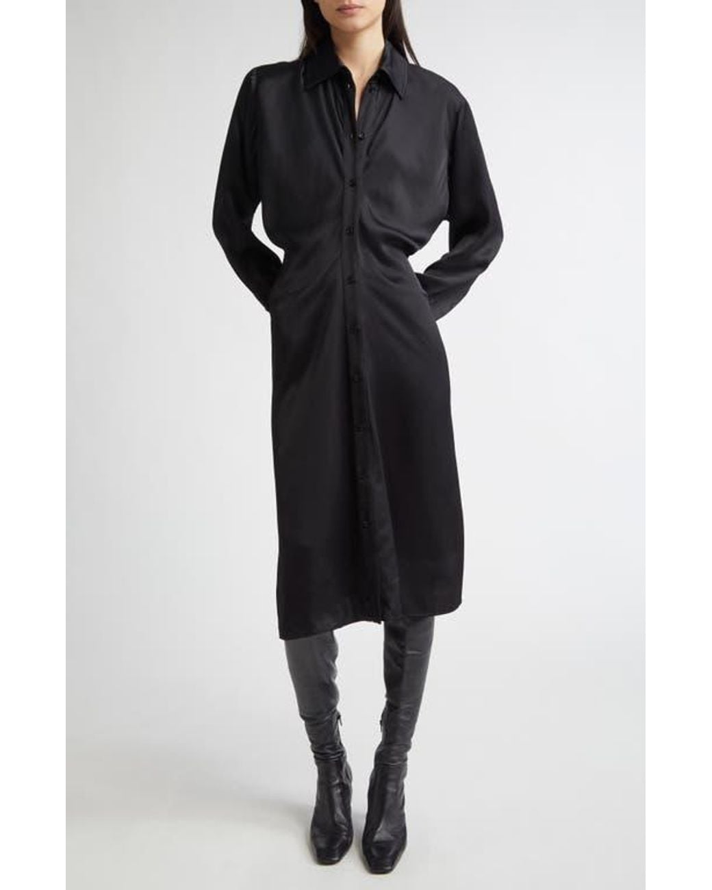 TOTEME Slouch Long Sleeve Crepe Satin Midi Shirtdress in Black | Lyst