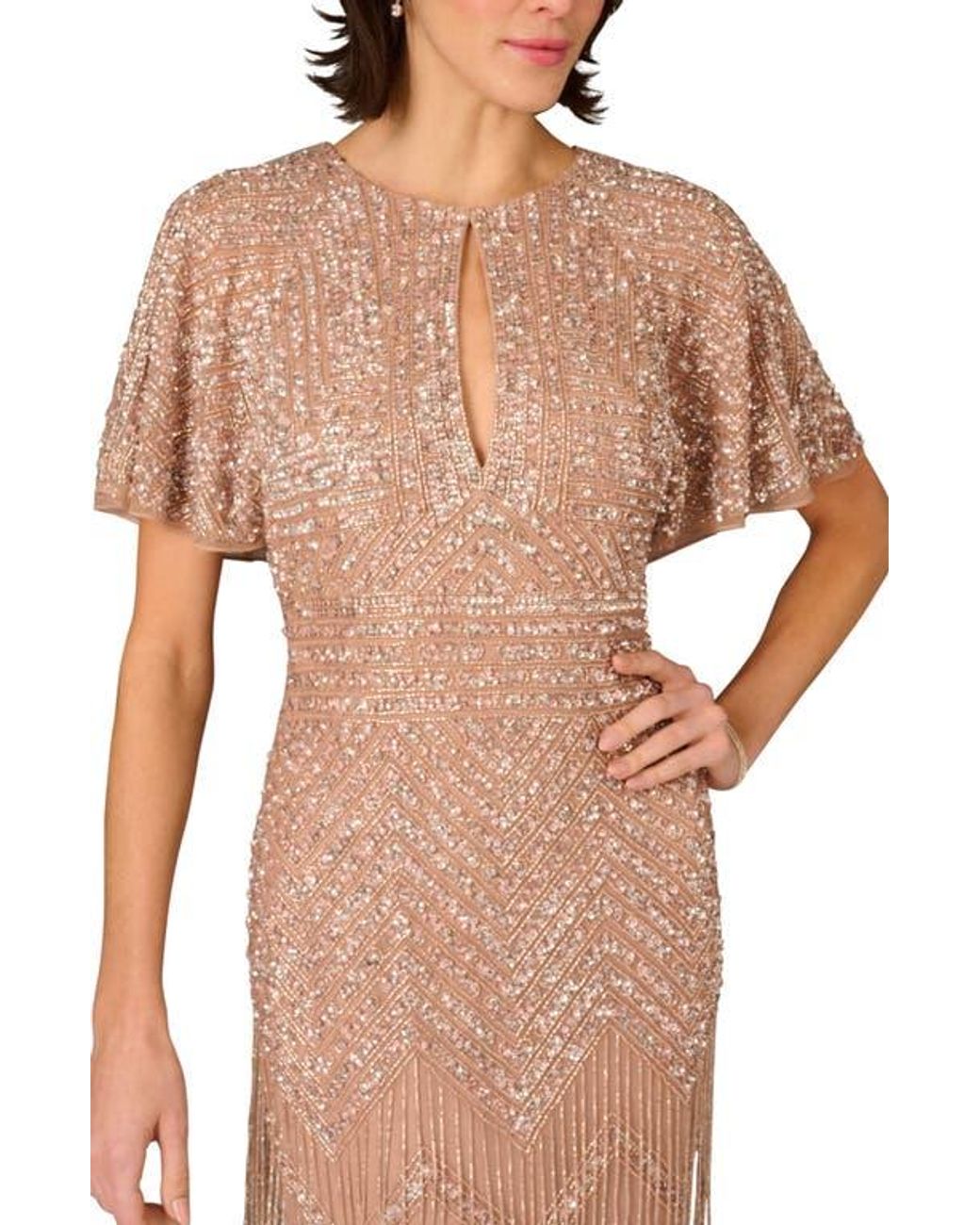 Aidan Mattox Beaded Fringe Flutter Sleeve Maxi Column Gown in Brown