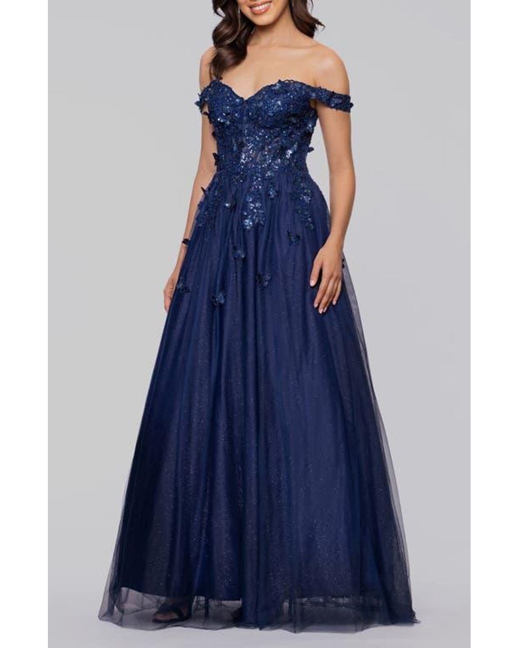 Blondie Nites Off The Shoulder Sequin 3D Embellished Tulle Gown in Blue |  Lyst