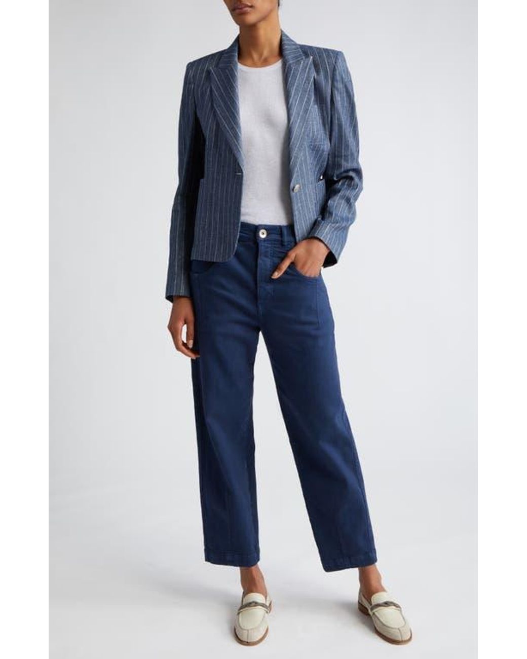 Eleventy Pinstripe Crop Linen & Cotton Blend Blazer in Blue