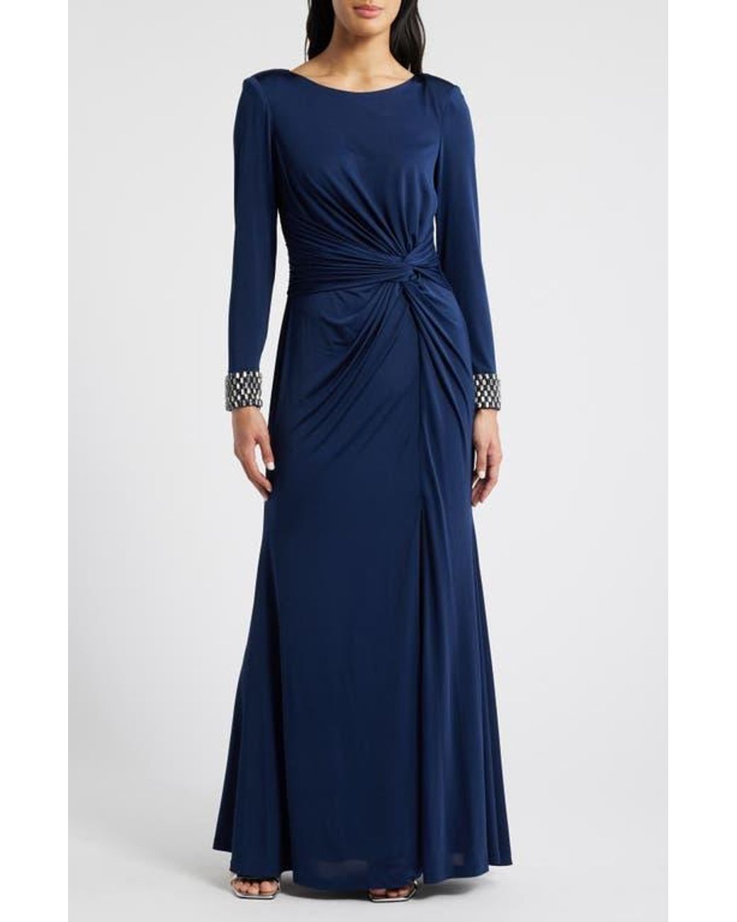 Vince Camuto Center Knot Beaded Cuff Long Sleeve Jersey Gown in Blue