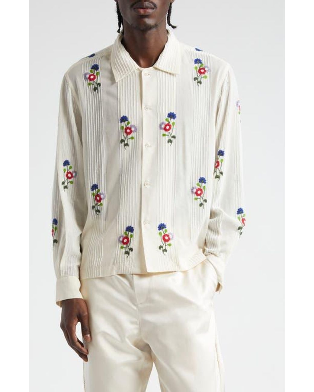 Bode Beaded Wildflower Long Sleeve Cotton Button-Up Shirt in Bode Beaded Wildflower Long Sleeve Cotton Button-Up Shirt in
