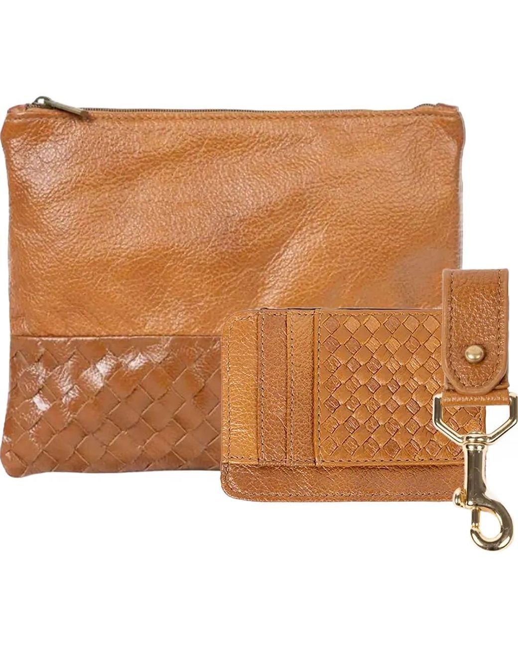 Deux Mains Brown Large Pouch, Key Chain & Slim Id Bundle