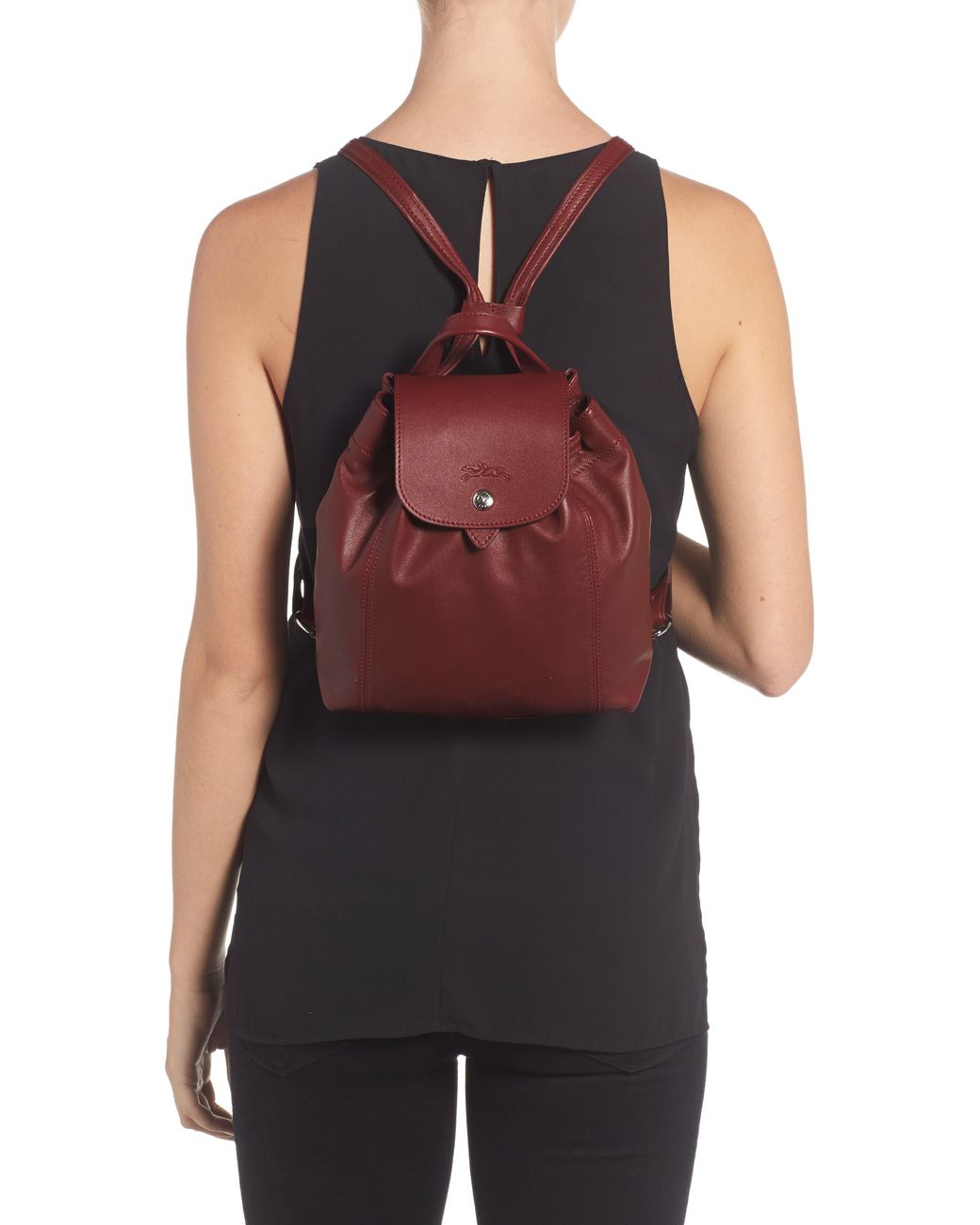 Longchamp Le Pliage Cuir 1306 737 945 Women's Leather Backpack Dark Red