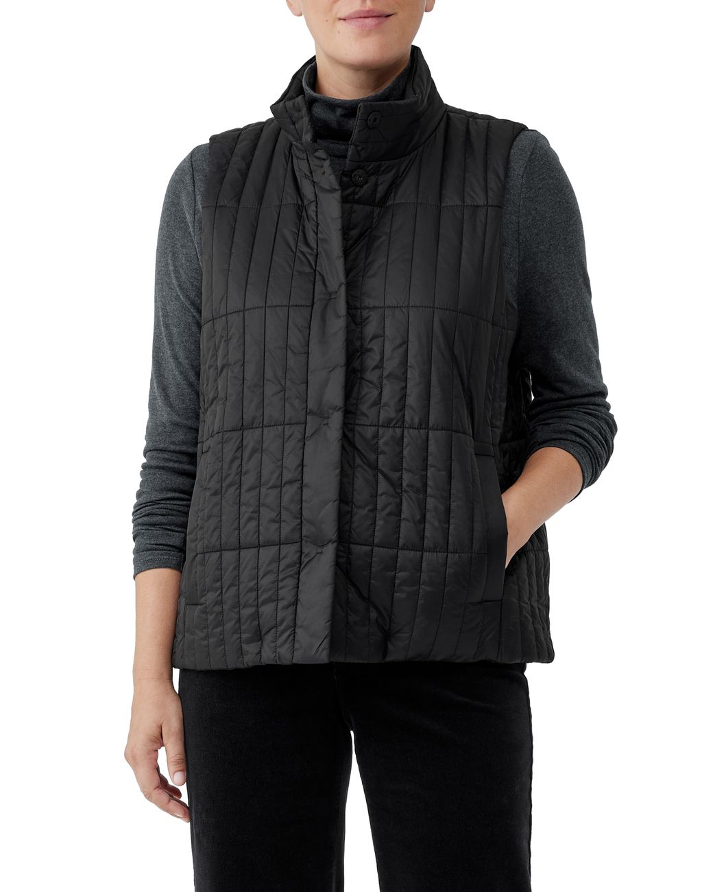 Eileen Fisher Quilted Stand Collar Recycled Nylon Vest in Black | Lyst