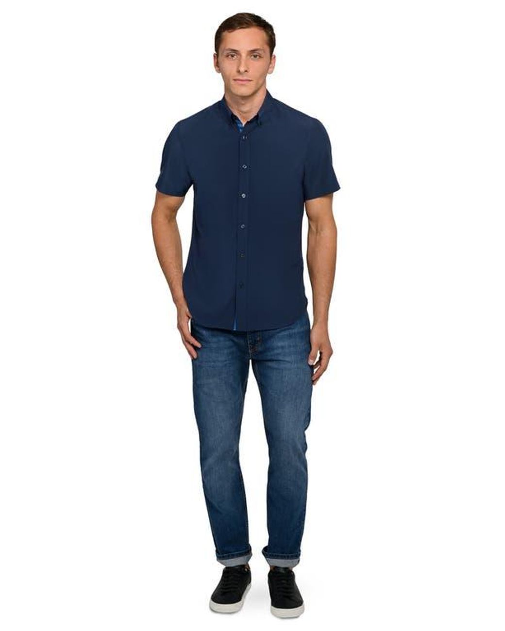 Con.struct Blue Solid Woven Short Sleeve Basic for men