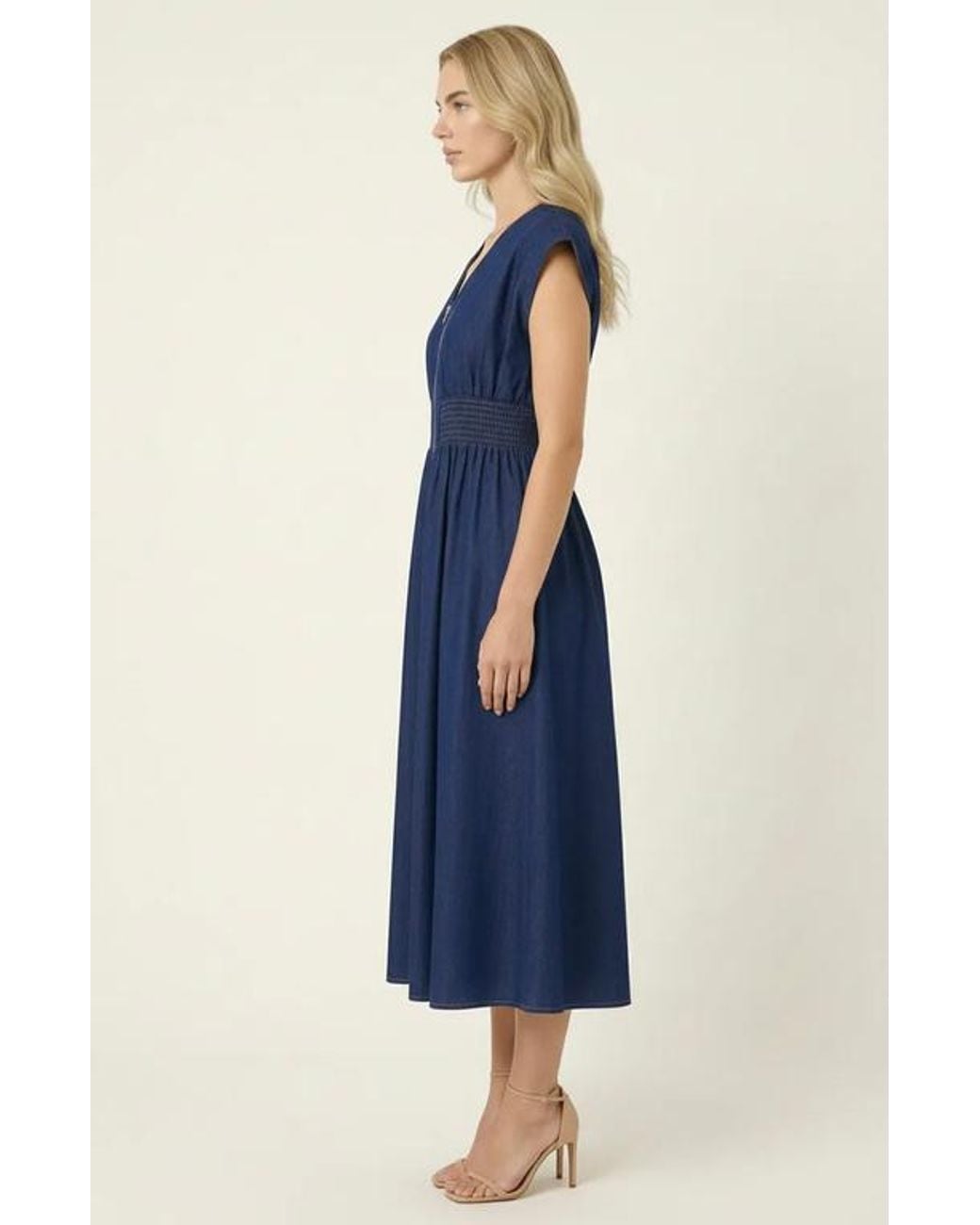 Modenaire Zip Front Sleeveless Denim Midi Dress With Smocked Waist Detail  in Blue | Lyst
