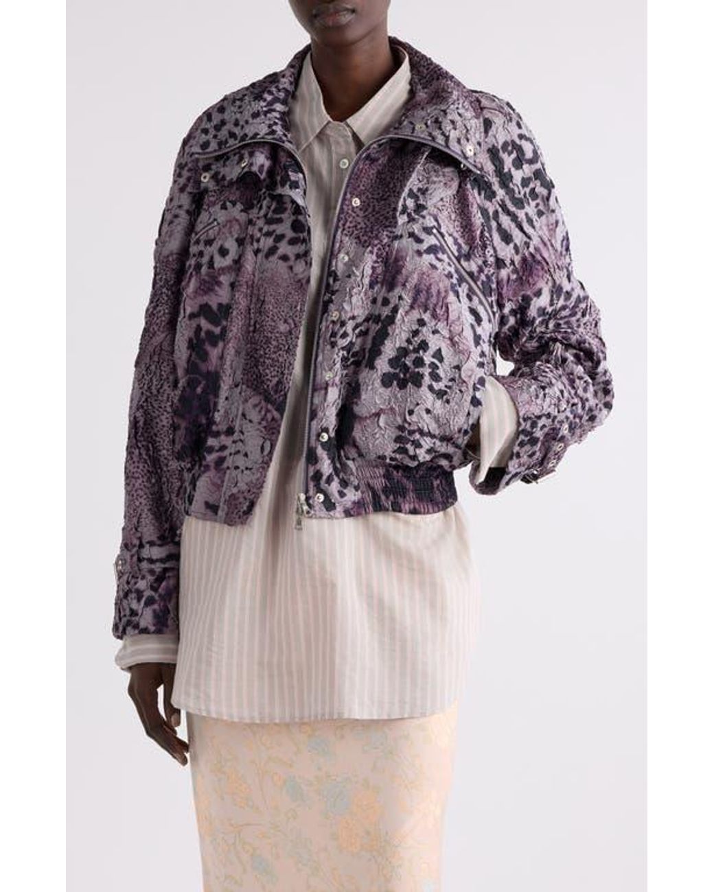 Dries Van Noten Vida Orchid Spots Print Textured Satin Moto Jacket