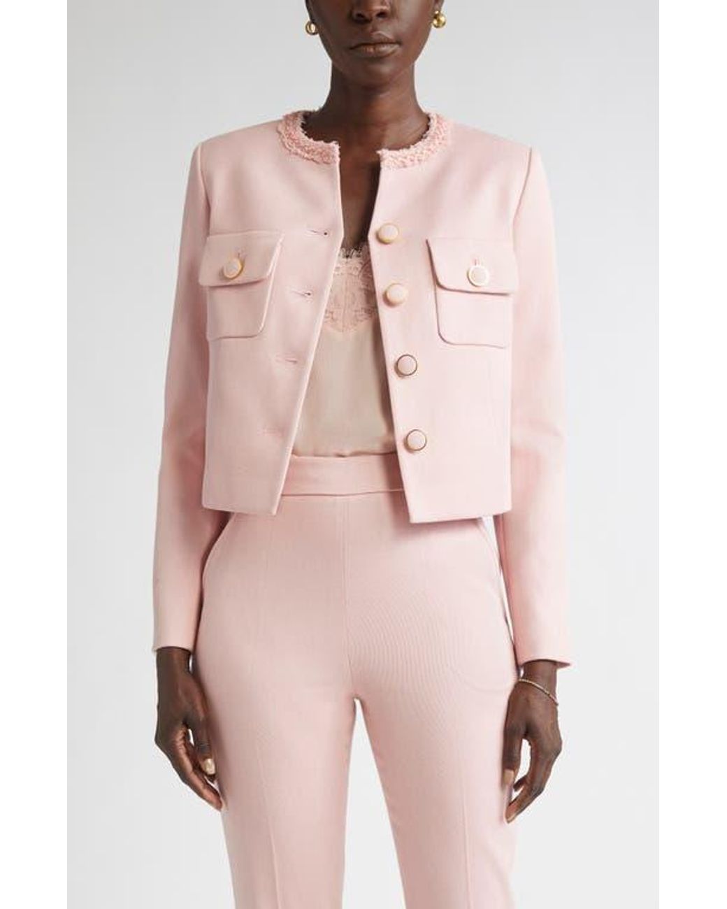 St. John Braided Trim Stretch Twill Crop Jacket in Pink | Lyst